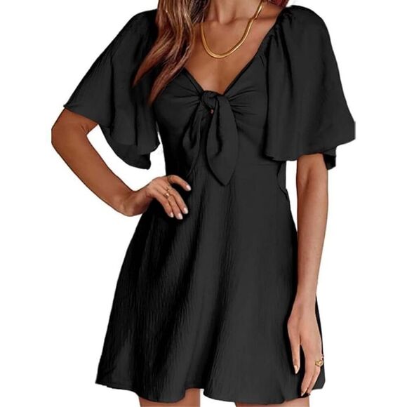 NEW Black Deep V Neck Elegant Bow tie Mini Dress M - Picture 1 of 6